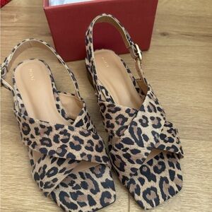 Maeve Leopard Print Crisscross Slingback Sandals in Tan and Black